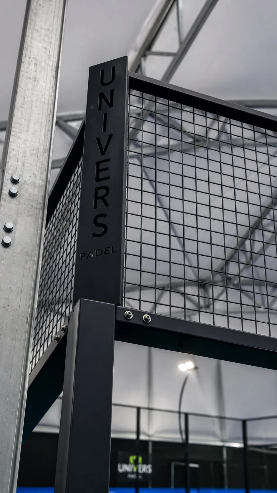 Custom court structure detail at the France padel club installation